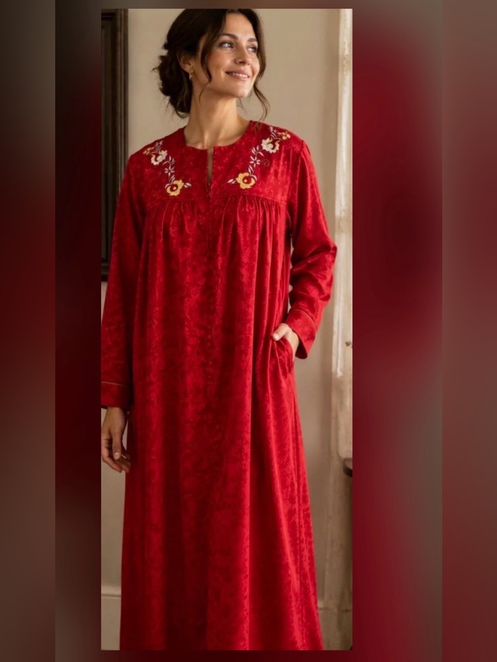 Vintage Simply Basic Red Embroidered Satin Long Pullover Robe. Size Medium